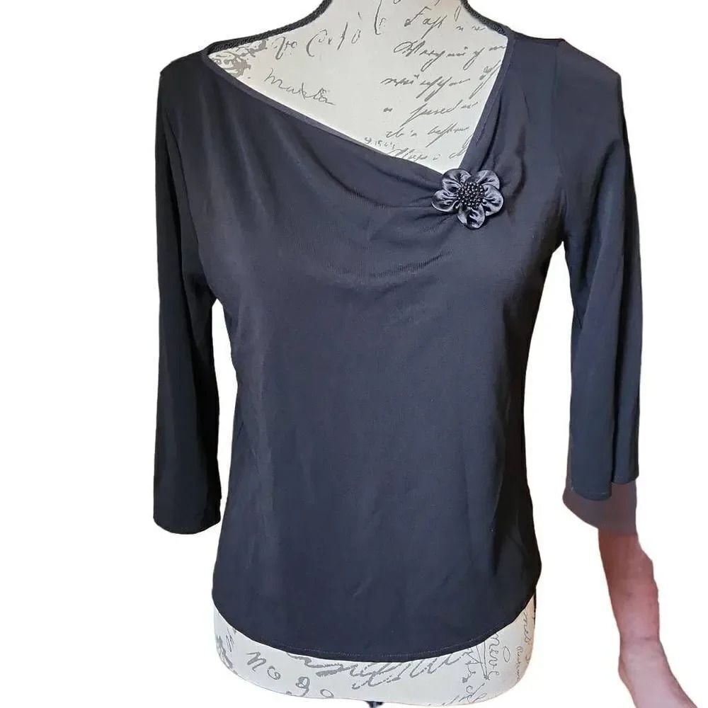Cynthia Cynthia Steffe Ladies Black Flower Applique 3/4 Sleeve Blouse - Size XL